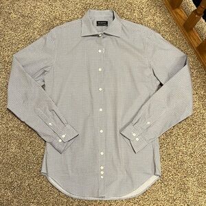Light blue button down with navy design